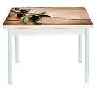 Стол обеденный поворотно раскладной фотопечать Симпл / дуб молочный Маслины / опора круглая муар белый