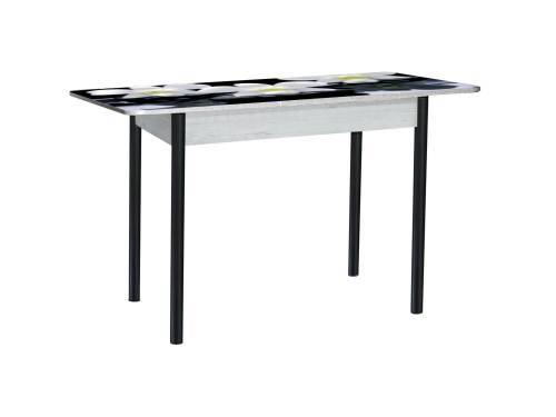 Стол обеденный раздвижной Нью йорк фотопечать / бетон белый Орхидея на черных камнях / опора круглая муар черный