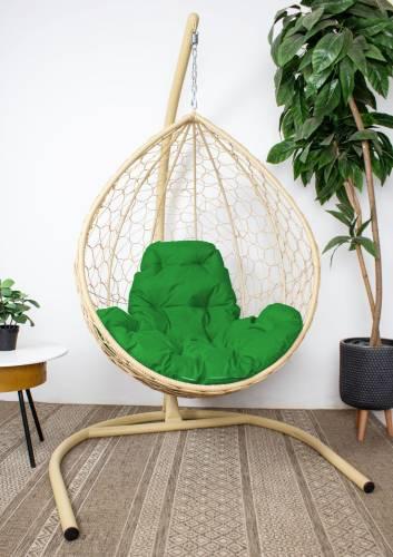 Подвесное кресло КАПЛЯ с ротангом бежевое, зелёная подушка