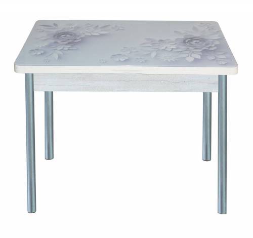 Стол обеденный поворотно раскладной фотопечать Симпл / бетон белый Цветы на сером / опора круглая серебристый металлик