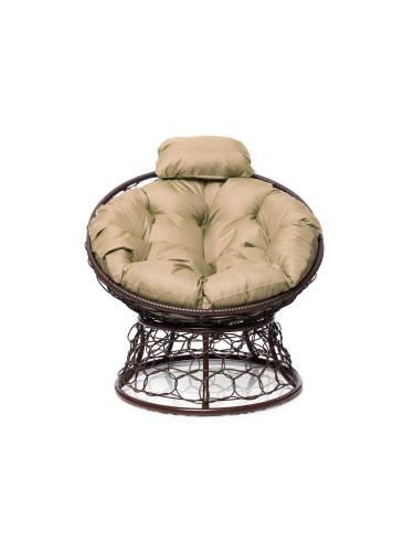 Кресло ПАПАСАН мини с ротангом коричневое, бежевая подушка