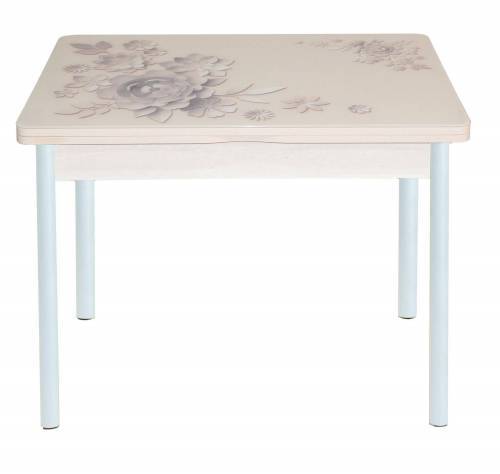 Стол обеденный поворотно раскладной фотопечать Симпл / дуб молочный Кофейные цветы / опора круглая муар белый