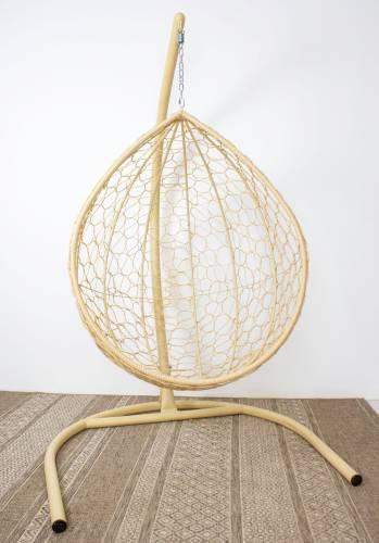 Подвесное кресло КАПЛЯ с ротангом бежевое, бежевая подушка