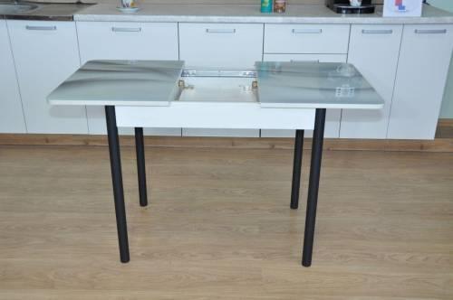 Стол обеденный раздвижной Нью йорк фотопечать / бетон белый Текстура 029 / опора круглая муар черный