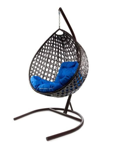 Подвесное кресло КАПЛЯ ЛЮКС с ротангом коричневое, синяя подушка